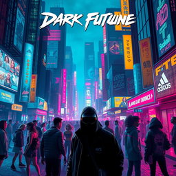 A captivating movie poster for a 'dark future' cyberpunk film, featuring a dense urban environment filled with towering skyscrapers enveloped in colorful neon lights and digital advertisements