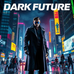 An engaging movie poster for a 'dark future' cyberpunk film, showcasing a sprawling metropolis at night, characterized by towering skyscrapers illuminated by vivid neon lights and holographic advertisements