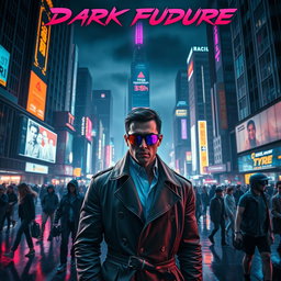 An engaging movie poster for a 'dark future' cyberpunk film, showcasing a sprawling metropolis at night, characterized by towering skyscrapers illuminated by vivid neon lights and holographic advertisements