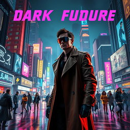 An engaging movie poster for a 'dark future' cyberpunk film, showcasing a sprawling metropolis at night, characterized by towering skyscrapers illuminated by vivid neon lights and holographic advertisements