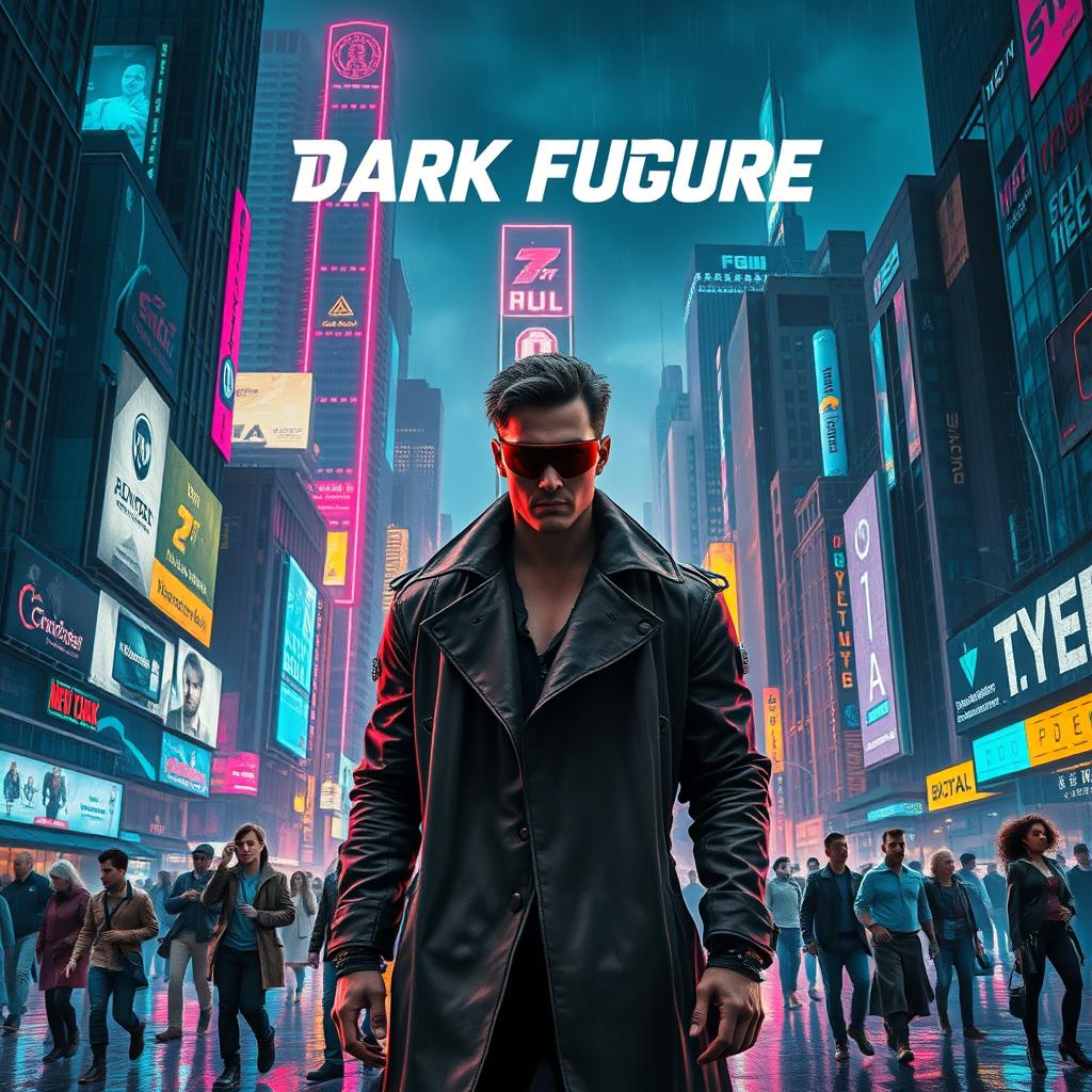 An engaging movie poster for a 'dark future' cyberpunk film, showcasing a sprawling metropolis at night, characterized by towering skyscrapers illuminated by vivid neon lights and holographic advertisements