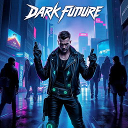 An intense and visually striking movie poster for a 'dark future' cyberpunk film, depicting a sprawling metropolis at night, filled with towering neon-lit skyscrapers and digital billboards illuminating the rainy streets below