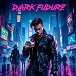 An intense and visually striking movie poster for a 'dark future' cyberpunk film, depicting a sprawling metropolis at night, filled with towering neon-lit skyscrapers and digital billboards illuminating the rainy streets below