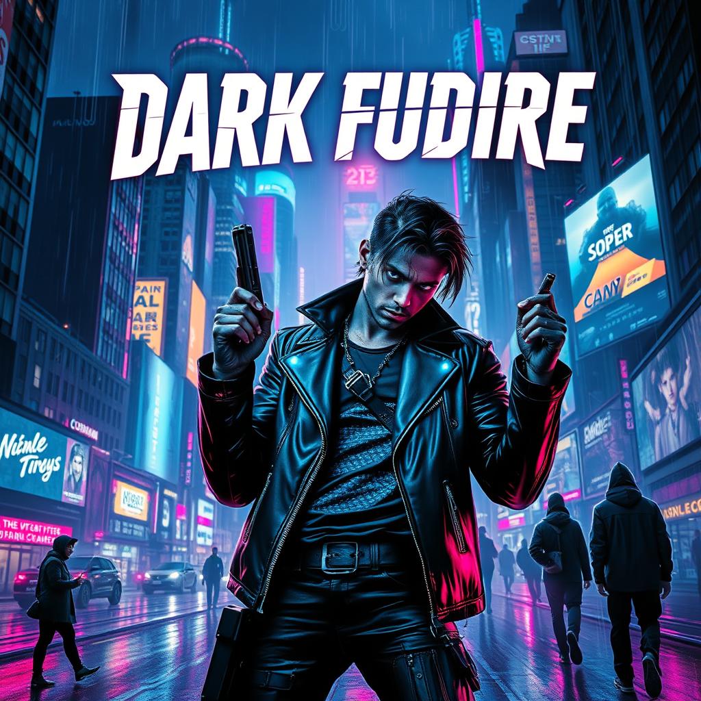 An intense and visually striking movie poster for a 'dark future' cyberpunk film, depicting a sprawling metropolis at night, filled with towering neon-lit skyscrapers and digital billboards illuminating the rainy streets below