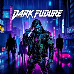 An intense and visually striking movie poster for a 'dark future' cyberpunk film, depicting a sprawling metropolis at night, filled with towering neon-lit skyscrapers and digital billboards illuminating the rainy streets below