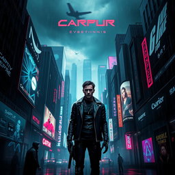 An eye-catching movie poster for a 'dark future' cyberpunk film, illustrating a futuristic cityscape bathed in neon lights and shadowy alleyways