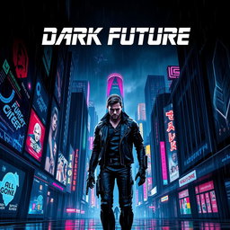An eye-catching movie poster for a 'dark future' cyberpunk film, illustrating a futuristic cityscape bathed in neon lights and shadowy alleyways