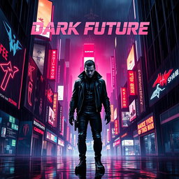 An eye-catching movie poster for a 'dark future' cyberpunk film, illustrating a futuristic cityscape bathed in neon lights and shadowy alleyways
