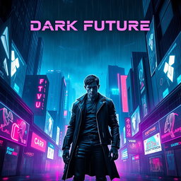 An eye-catching movie poster for a 'dark future' cyberpunk film, illustrating a futuristic cityscape bathed in neon lights and shadowy alleyways