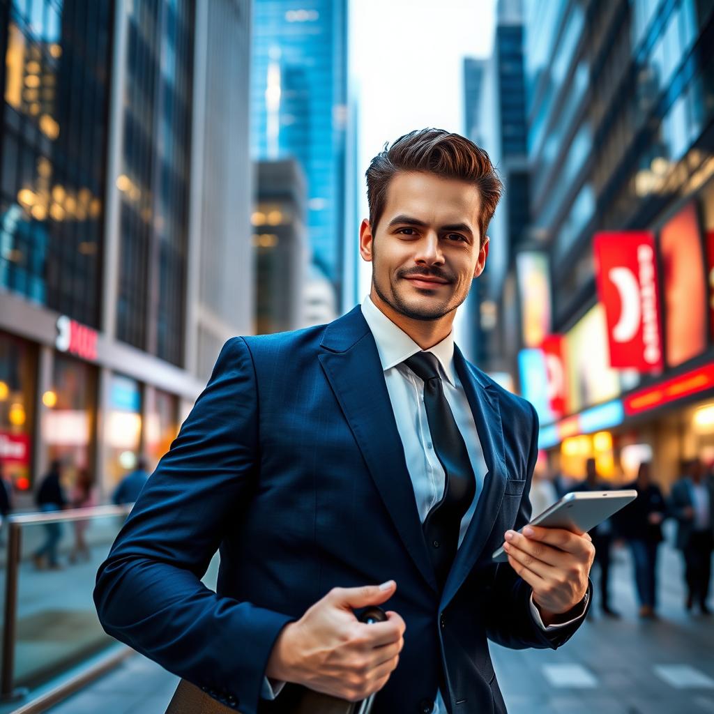 A confident businessman standing in a modern urban environment, wearing a tailored navy blue suit and a crisp white shirt, with a sleek black tie