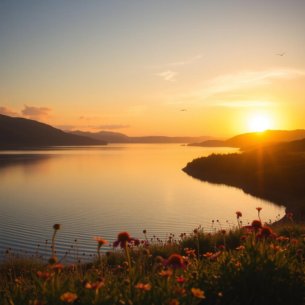 A serene landscape featuring a tranquil lake reflecting the sky at sunset, surrounded by lush green hills and blooming wildflowers in the foreground