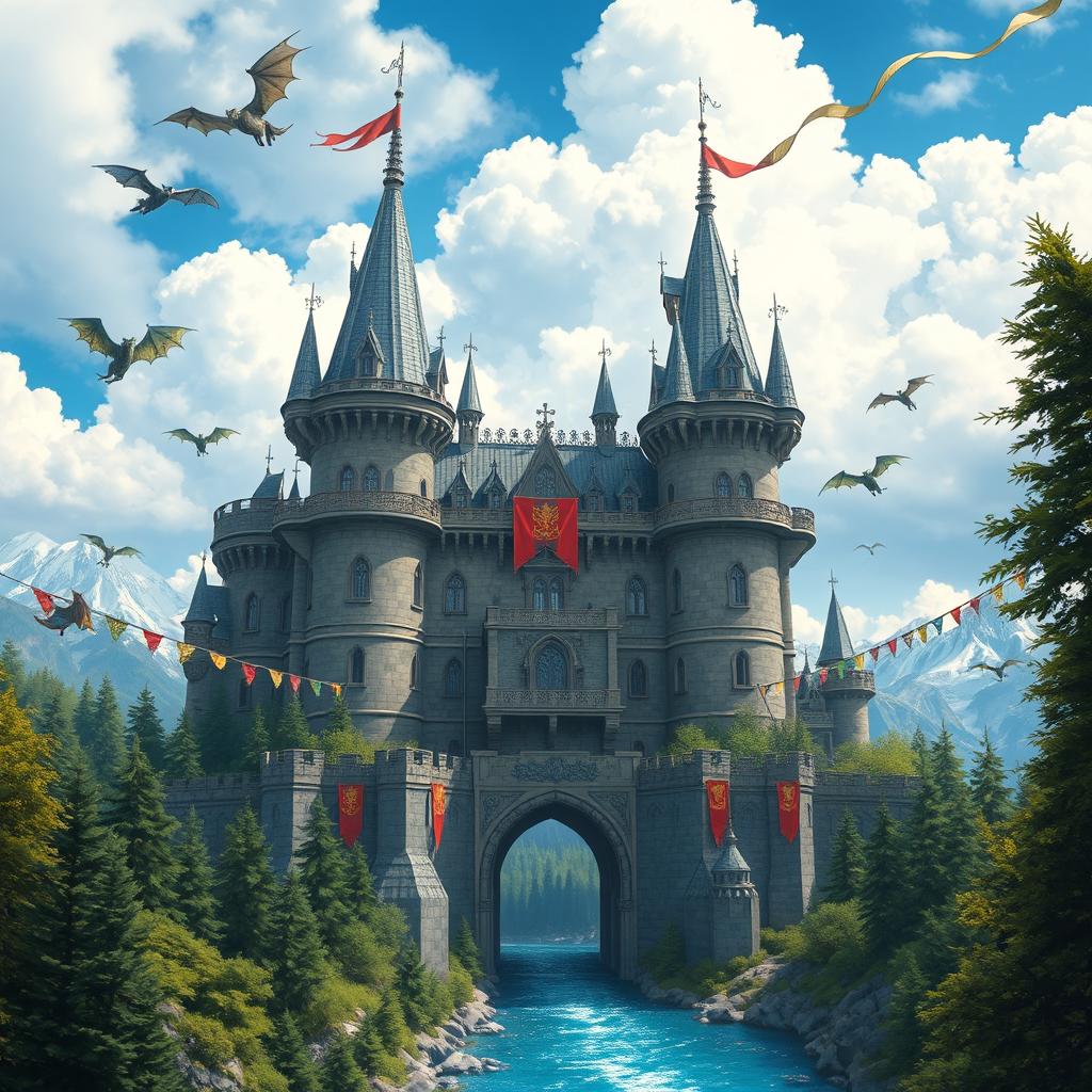 A grand and large medieval castle set in a fantasy landscape, featuring towering spires, intricate stonework, and a majestic drawbridge