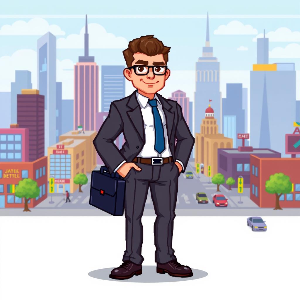 A pixel-art businessman designed for a video game, wearing a stylish suit and tie, holding a briefcase