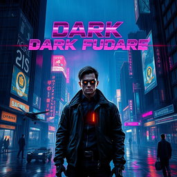 A captivating movie poster for a 'dark future' cyberpunk film, featuring a vast cityscape set at night, with towering buildings adorned with glowing neon advertisements and flickering holograms