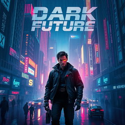 A captivating movie poster for a 'dark future' cyberpunk film, featuring a vast cityscape set at night, with towering buildings adorned with glowing neon advertisements and flickering holograms