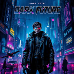 A captivating movie poster for a 'dark future' cyberpunk film, featuring a vast cityscape set at night, with towering buildings adorned with glowing neon advertisements and flickering holograms