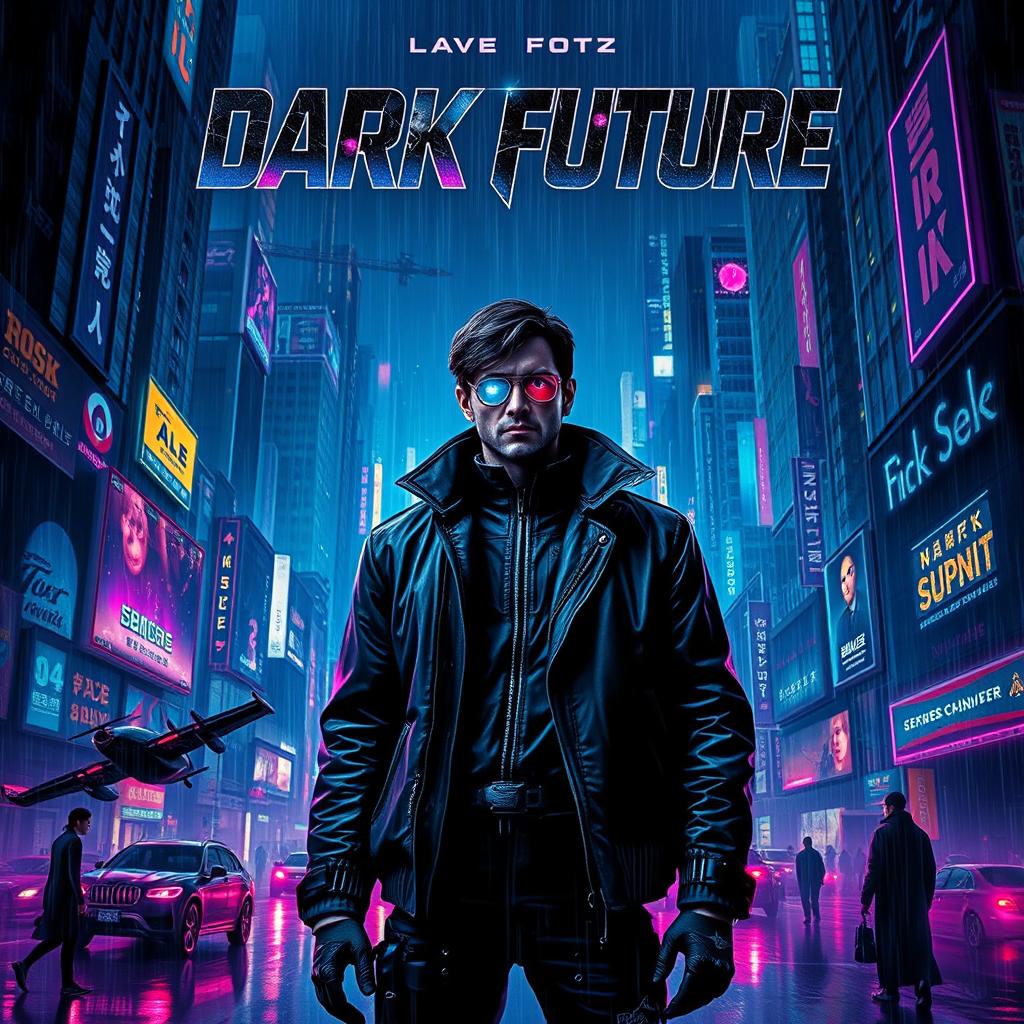 A captivating movie poster for a 'dark future' cyberpunk film, featuring a vast cityscape set at night, with towering buildings adorned with glowing neon advertisements and flickering holograms
