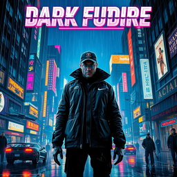 A captivating movie poster for a 'dark future' cyberpunk film, featuring a vast cityscape set at night, with towering buildings adorned with glowing neon advertisements and flickering holograms