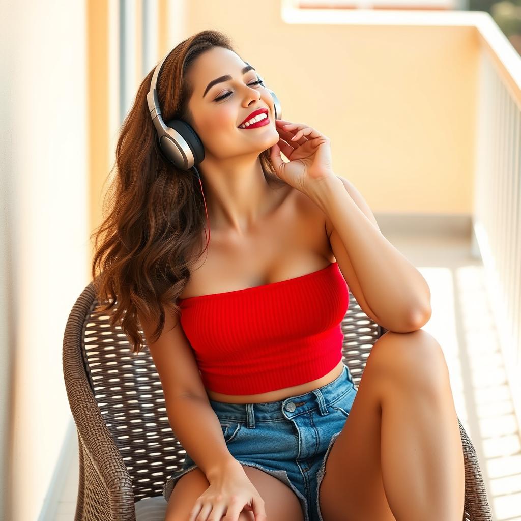 A beautiful woman sitting casually on a chair, wearing a stylish red crop top and denim hot pants