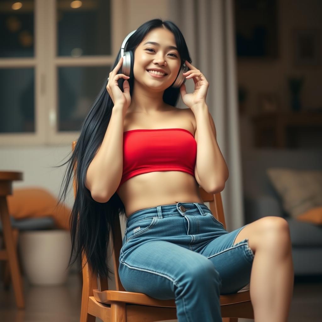 A charming mixed-race woman of Japanese and Russian descent, with long flowing black hair, wearing a vibrant red crop top and stylish denim hot pants, sitting comfortably on a wooden chair