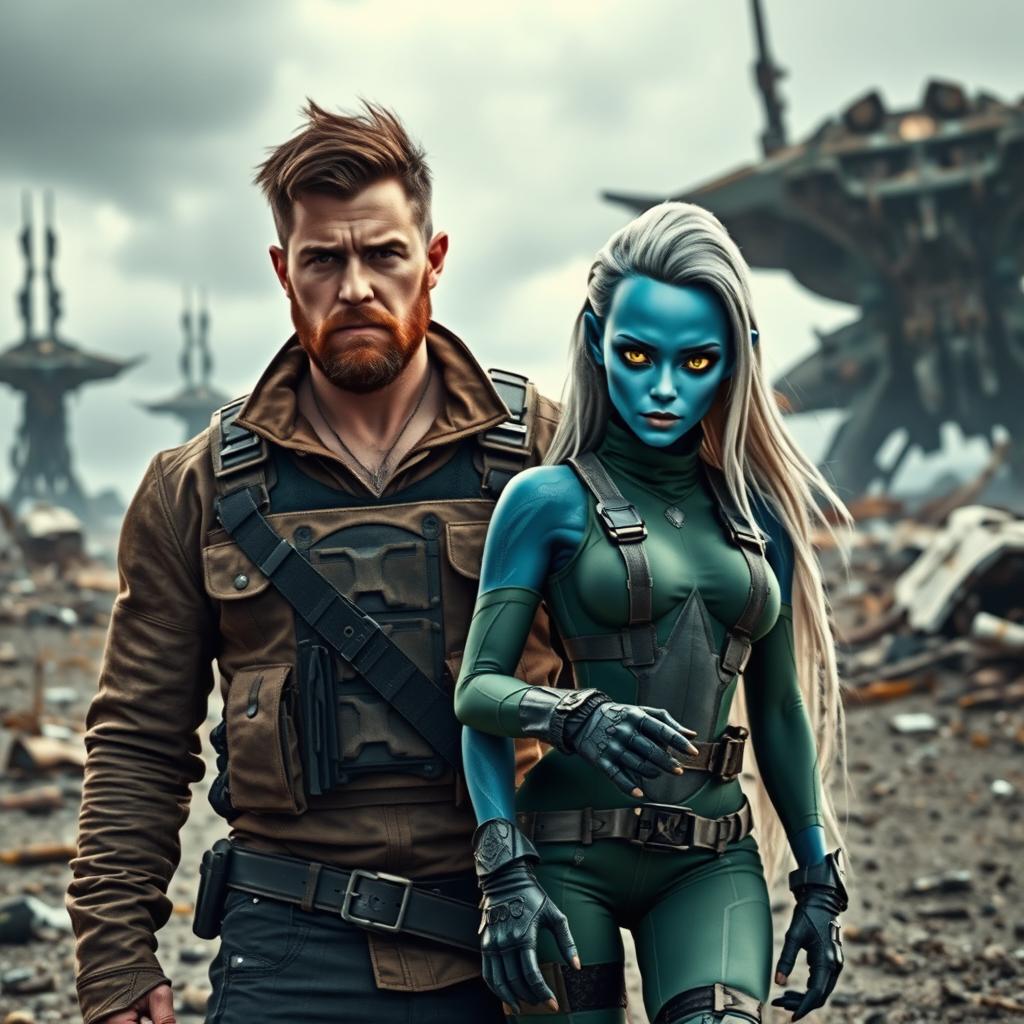 A rugged human male with short brown hair and a beard, wearing a brown leather jacket over a tactical vest, stands with a determined expression in a post-apocalyptic wasteland filled with wrecked spaceships and debris