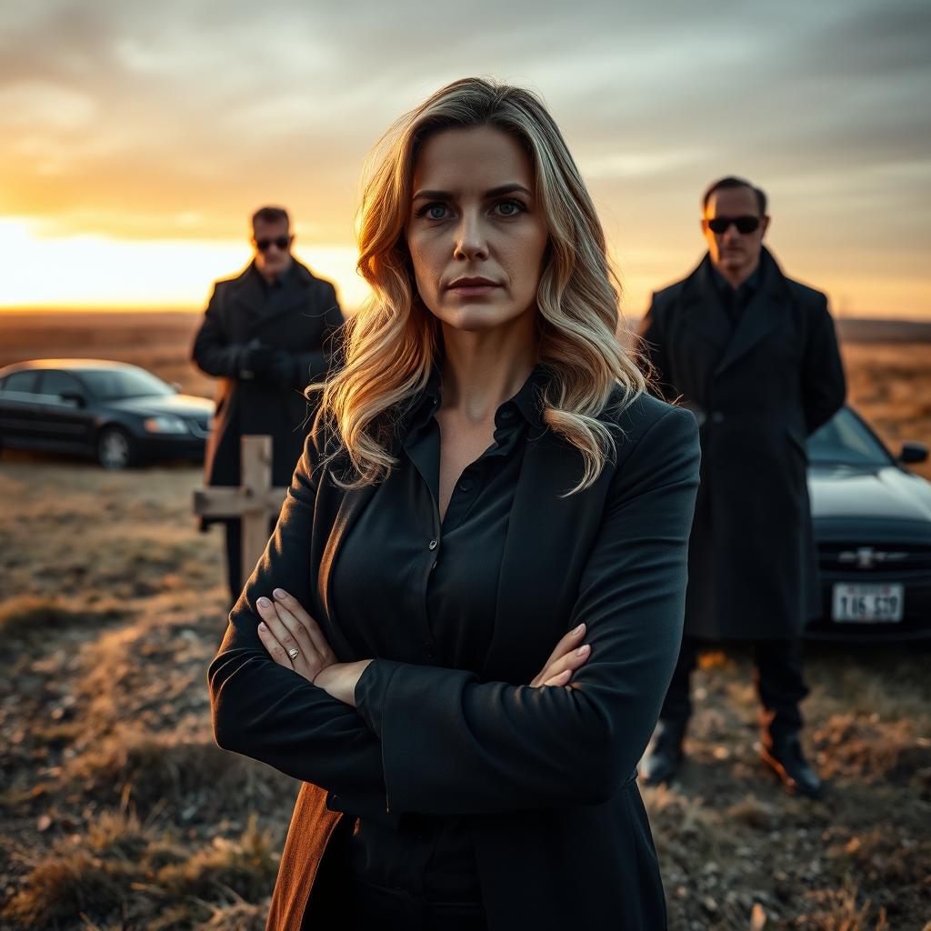 A serious-looking woman with wavy blonde hair stands in the foreground, arms crossed, wearing a dark blouse and a fitted jacket