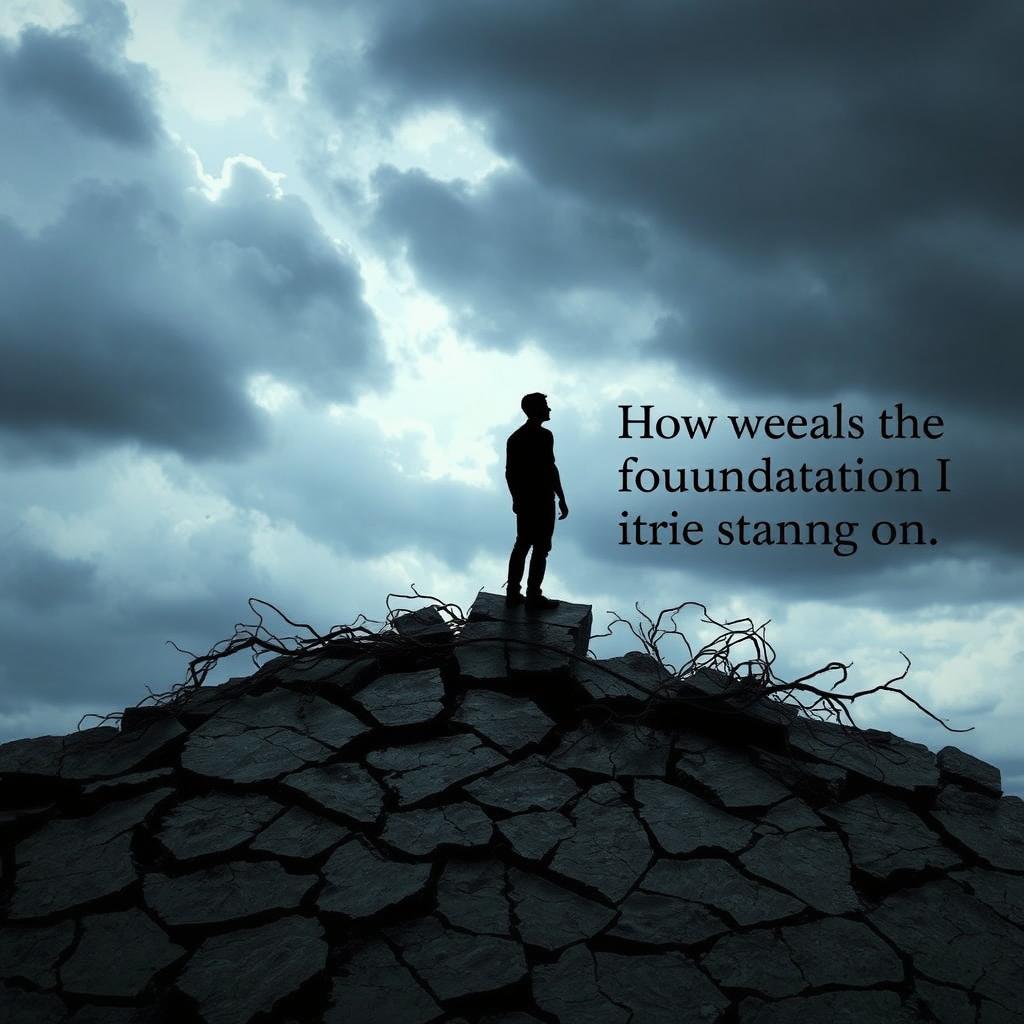 A visually captivating scene depicting a lone figure standing on a crumbling foundation, symbolizing fragility and uncertainty