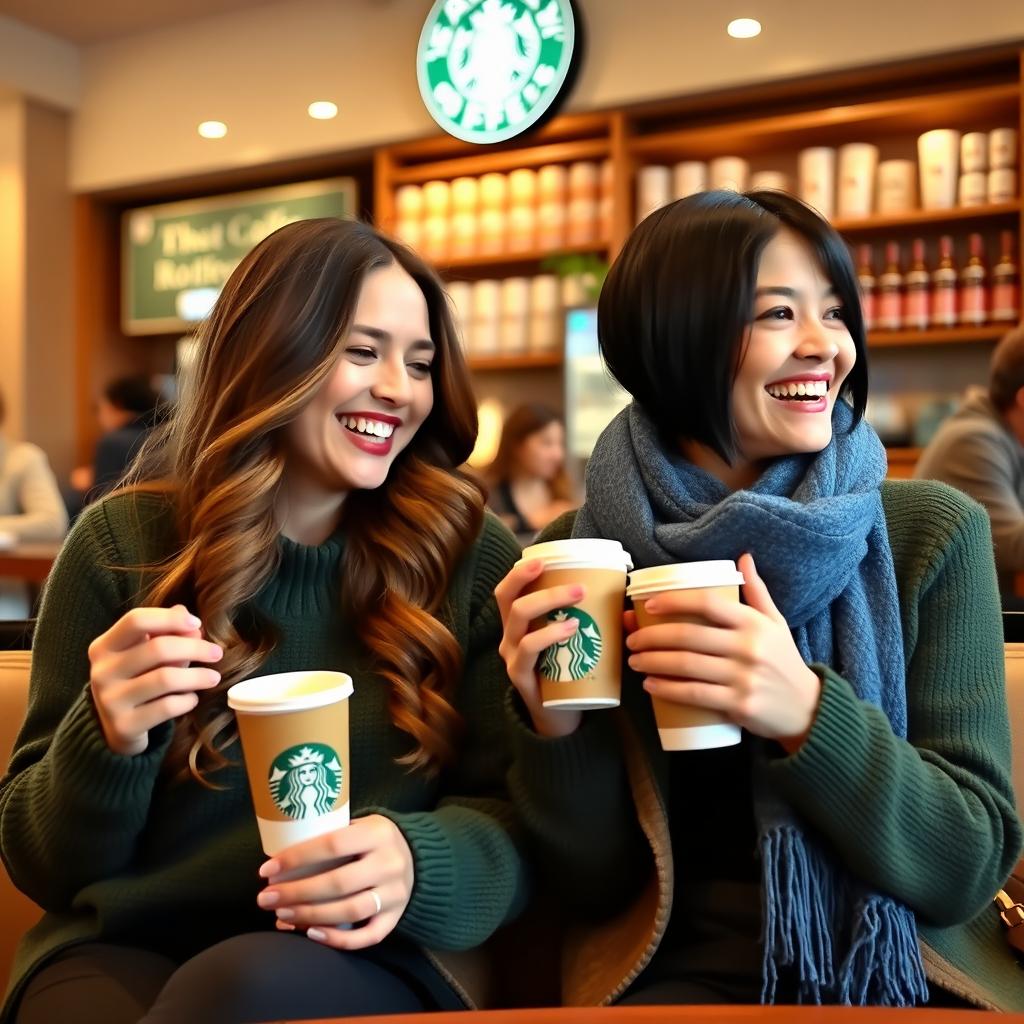 Two beautiful women sitting together at a cozy Starbucks cafe, both enjoying cups of coffee