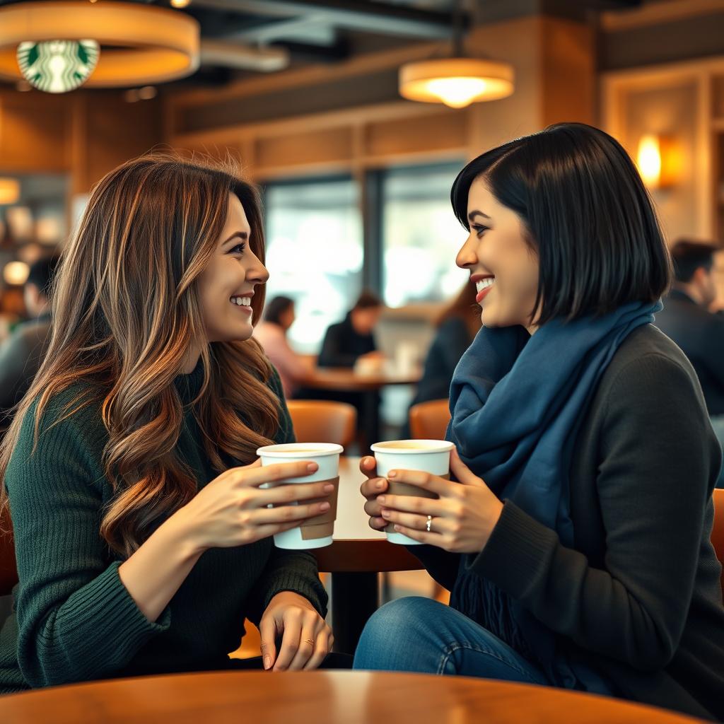 Two beautiful women sitting face to face at a cozy Starbucks cafe, each holding a cup of coffee