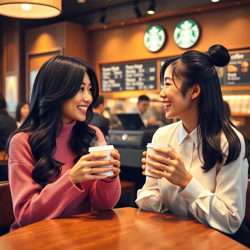 Two beautiful Japanese women sitting face to face at a cozy Starbucks cafe, each holding a cup of steaming coffee