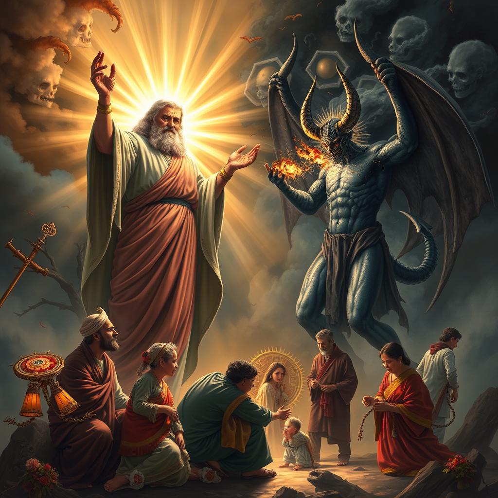 A dramatic and epic scene depicting the ultimate battle between God and the devil