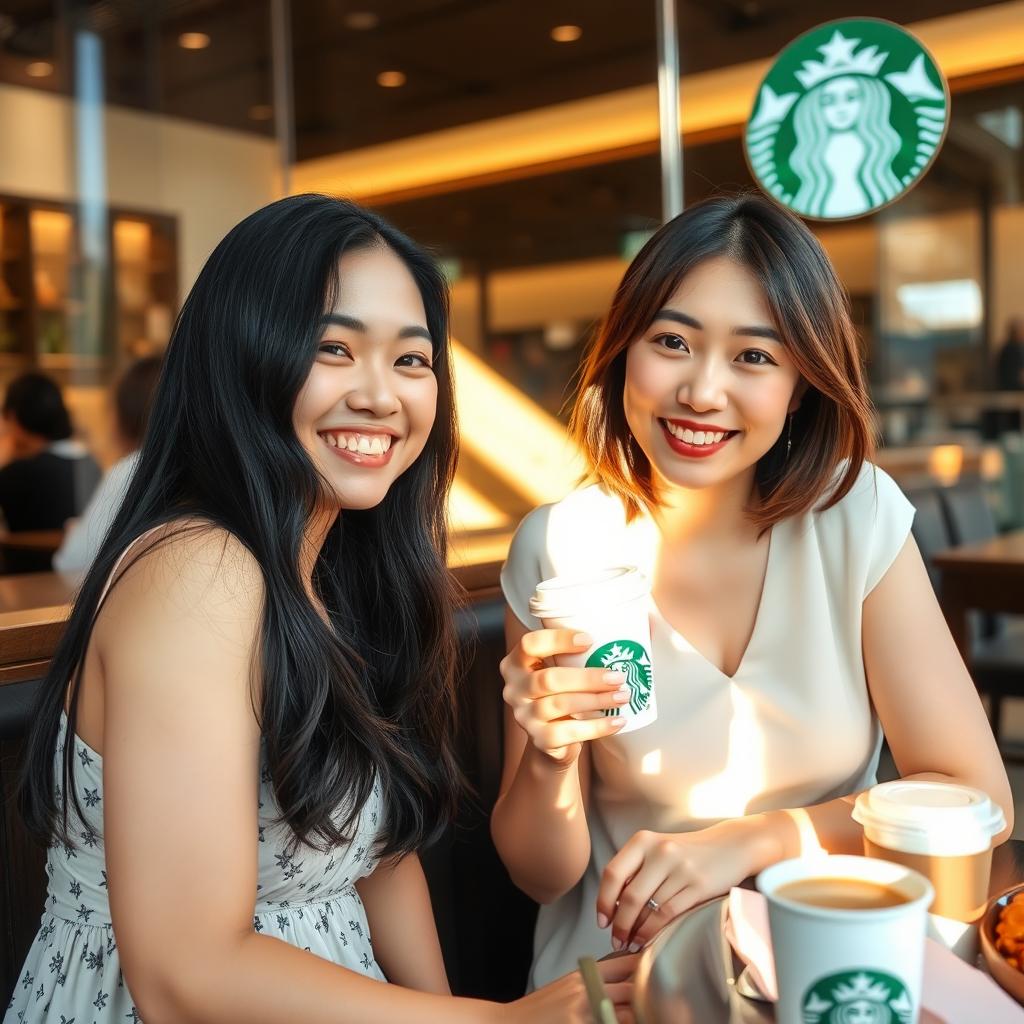 Two beautiful Japanese women sitting together at a Starbucks, enjoying coffee and engaged in a friendly chat
