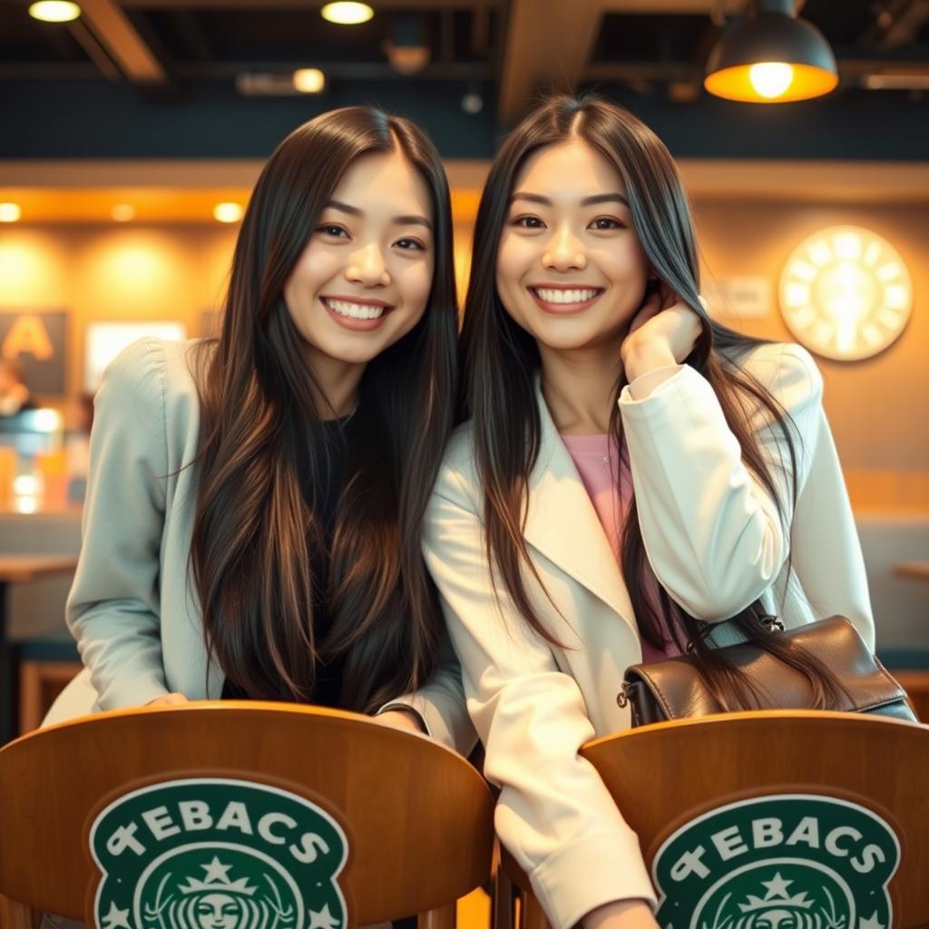 Two beautiful Japanese women sitting on Starbucks chairs, joyfully taking a photo together, smiling brightly at the camera