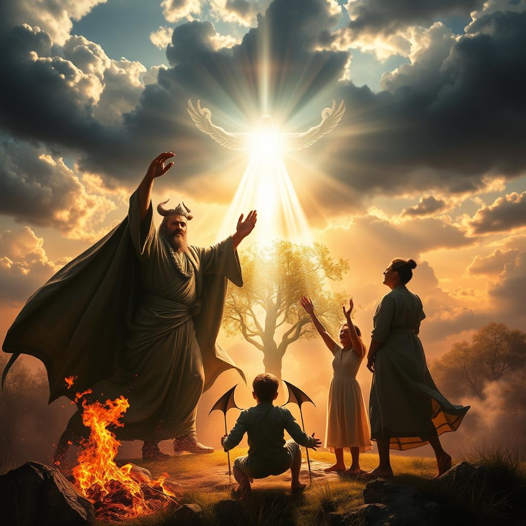 An inspiring and triumphant scene depicting the final battle between God and the devil, highlighting a decisive victory for God