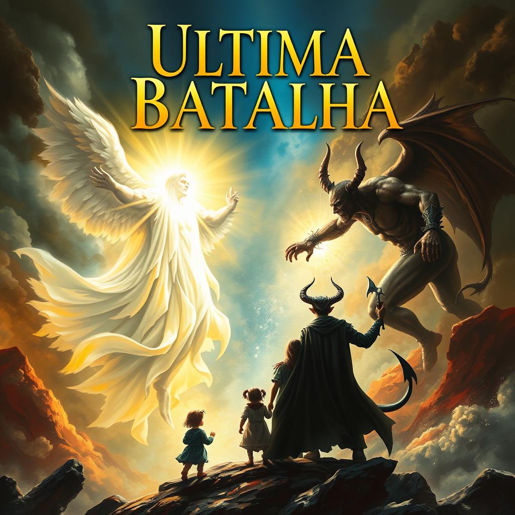 A dramatic scene depicting the ultimate battle between God and the Devil, featuring powerful, celestial imagery