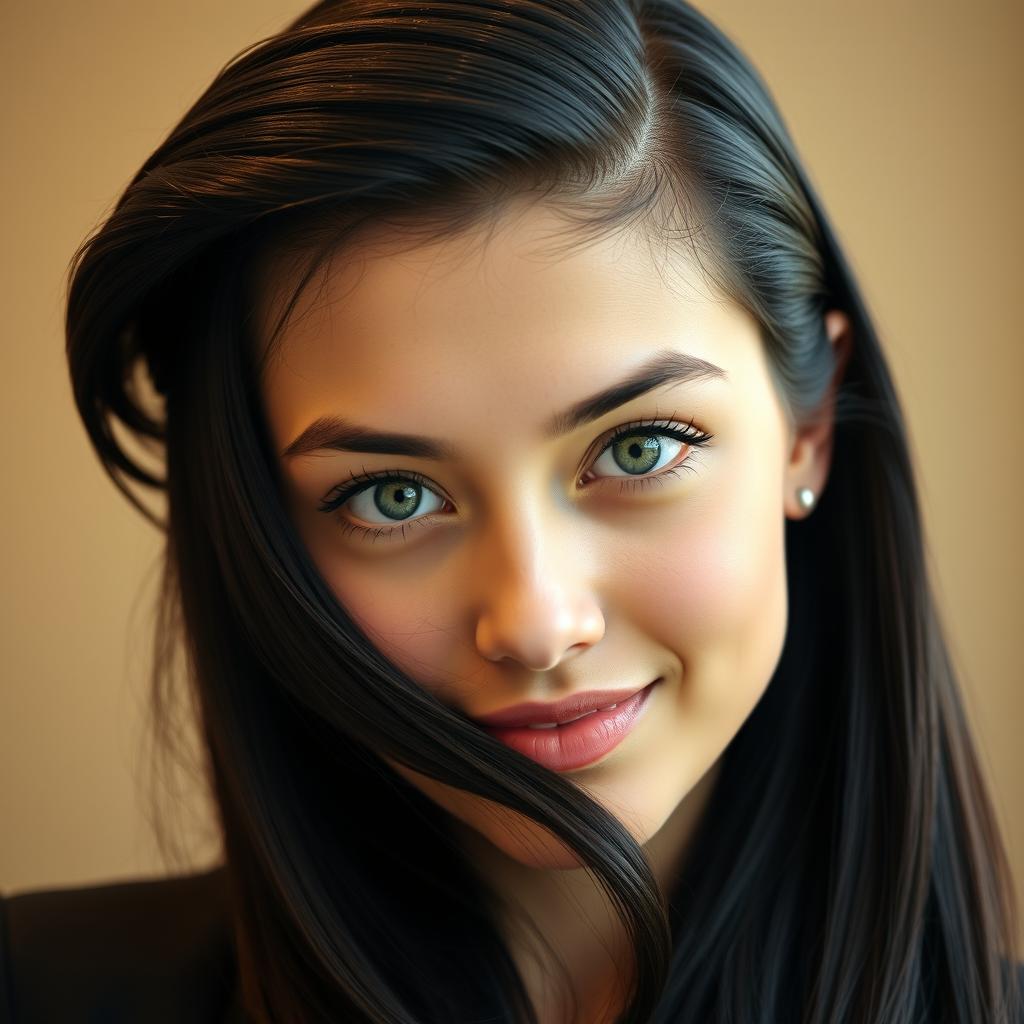 A close-up portrait of a stylish young woman with sleek, shiny black hair, prominently showcasing her hairstyle where the top section of her hair is elegantly pulled up and away from her face