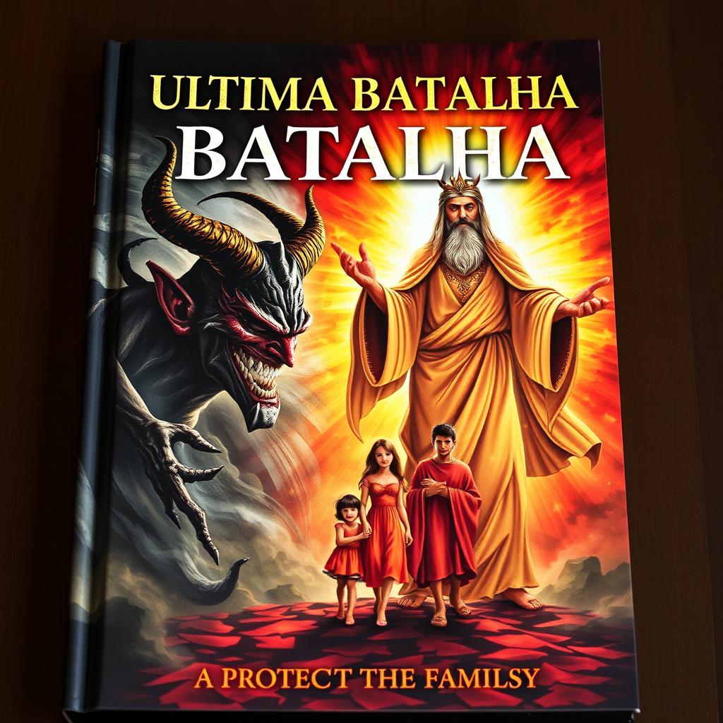 A striking book cover illustrating the final battle between God and the Devil, focused on the theme of protecting the family