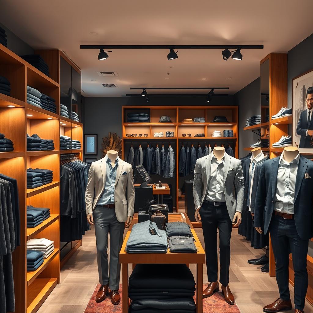 A stylish men's clothing store interior featuring a modern design with wooden shelves stocked with various fashionable menswear including suits, casual shirts, and accessories