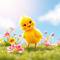 A charming and lively yellow chick, symbolizing cuteness and warmth, standing in a bright, inviting environment