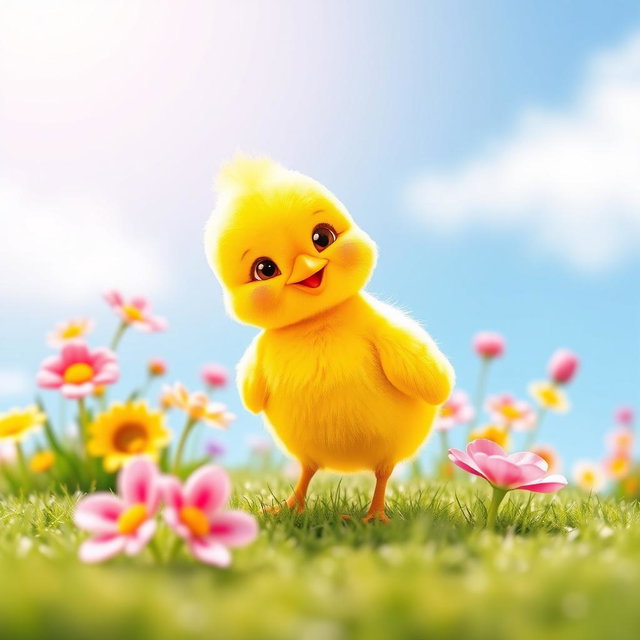 A charming and lively yellow chick, symbolizing cuteness and warmth, standing in a bright, inviting environment