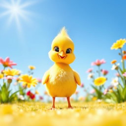 A charming and lively yellow chick, symbolizing cuteness and warmth, standing in a bright, inviting environment