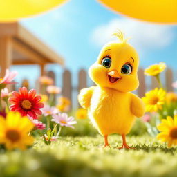 A charming and lively yellow chick, symbolizing cuteness and warmth, standing in a bright, inviting environment