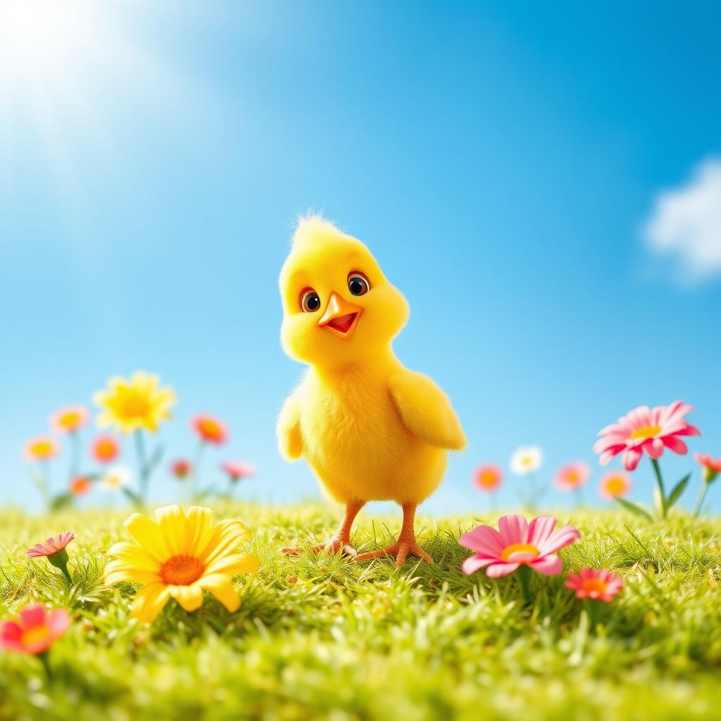 A charming and lively yellow chick, symbolizing cuteness and warmth, standing in a bright, inviting environment