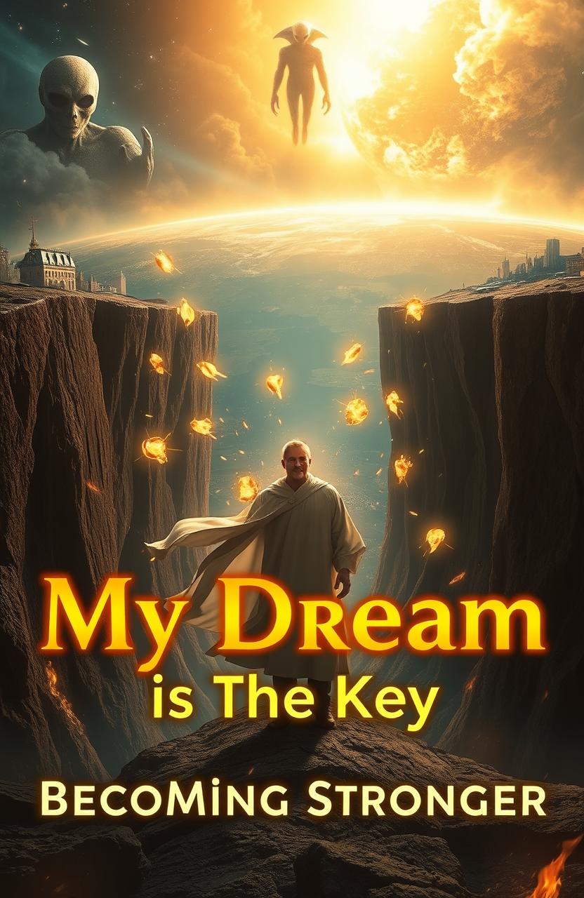 A man standing in the middle of a cosmic gap in space and time, with golden shining eyes and a flowing long robe that flutters dramatically