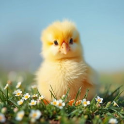 A cute and fluffy yellow chick sitting on a soft bed of grass, with a gentle expression and bright eyes