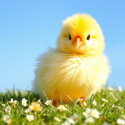 A cute and fluffy yellow chick sitting on a soft bed of grass, with a gentle expression and bright eyes