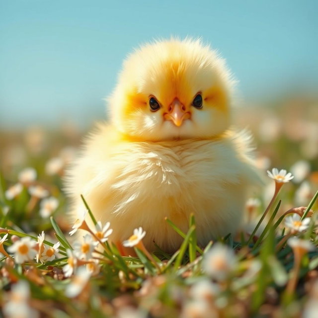 A cute and fluffy yellow chick sitting on a soft bed of grass, with a gentle expression and bright eyes