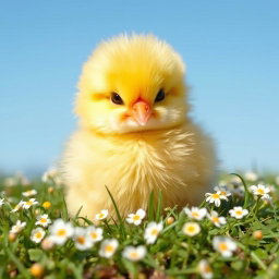 A cute and fluffy yellow chick sitting on a soft bed of grass, with a gentle expression and bright eyes