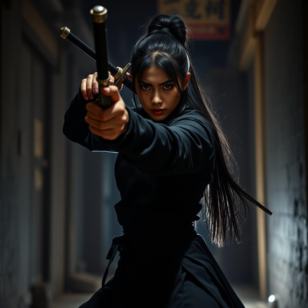 A fierce young Vietnamese woman warrior dressed in all black, holding a sword at shoulder height, pointing it forward