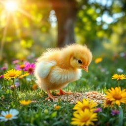 A delightful scene of a fluffy yellow chick pecking at grains on a soft patch of green grass